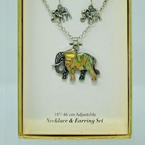 Elephant Pendant Necklace and Earring Set 18" Silver-tone
